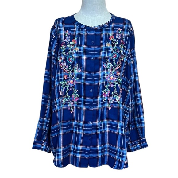 Pioneer Woman XXL Blue Plaid Embroidered Flannel Shirt Button Up Plus Size - Picture 1 of 9
